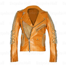 New Women&#39;s Orange Heavy Metal Spiked Studded Classic Brando Leather Jacket-904 - £321.58 GBP