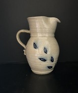 Vintage Salt Glazed Pitcher Studio Pottery Blue Leaf &amp; Vine Cobalt PO14 - $36.66 CAD