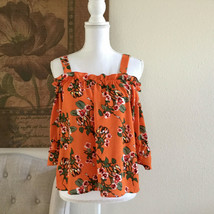 Twine And String Women&#39;s Cold Shoulder Summer Top Floral Blouse Ruffle M Orange - £16.97 GBP