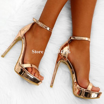 Women Shining Gold Patent Leather High Platform Stiletto Heel Sandals One Strap  - £113.34 GBP