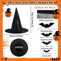 Halloween Decorations Witch Hat Set 12PCS Black Witch Hats 32PCS 3D Bats Hallowe - £26.73 GBP
