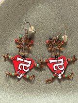 Copper Wire Stick Person w Repurposed Red White Metal Heart Body Dangle Earrings - £11.87 GBP
