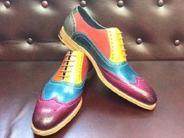 Men&#39;s Handmade Multi color Leather Brogue Shoes with Lace up Closure, Party Shoe - £111.88 GBP