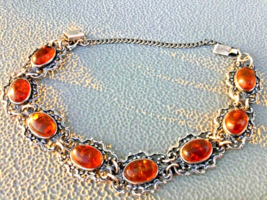 Filigree Sterling Genuine Amber Link Bracelet Has Safety Chain 8” Large ... - $79.28