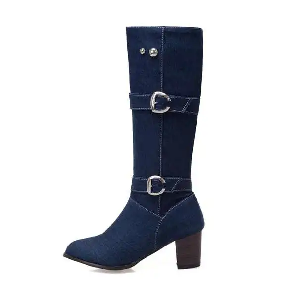REAVE CAT Women knee boots blue jeans boy booties  zipper buckle denim shoes mid - £103.22 GBP