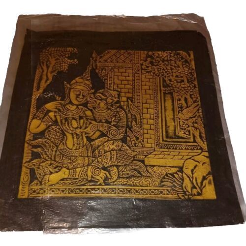 Vintage Thai Temple Art Gold Rubbing on Black Rice Paper Hanuman Nymph P... - $75.00