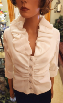 Vtg Xscape Joanna Chen Ruffled Collar Button Up White Dressy Formal Blou... - £37.24 GBP