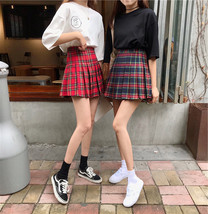 A-line Red Plaid Skirt Outfit Women Girl Plus Size Pleated Plaid Mini Skirt