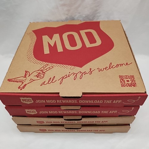 Set Of (4) Unused Mod Pizza Self Size Boxes 8.5&quot; X 8.5&quot; With Napkins - $24.74