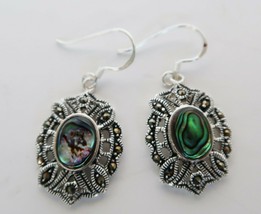 Pretty silver tone marcasite &amp; abalone dangly fish hook style earrings - £15.97 GBP