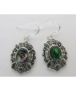 Pretty silver tone marcasite &amp; abalone dangly fish hook style earrings - $19.99