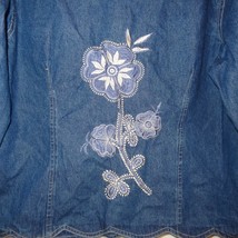 Keren Hart Jean Jacket Denim Floral Size XL Blue Embroidered Button Down  - £21.63 GBP
