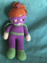 Hand Made Purple &amp; Green Crocheted Super Hero Girl w Cap Stuffed Character Doll  - £11.70 GBP