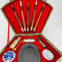 Traditional Asian Chinese Calligraphy Artist Tools Red Ink Brushes VTG Kit Set - £12.29 GBP