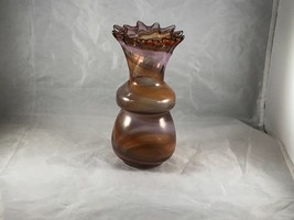 Vtg Hand Blown Glass Vase Purple Orange Swirl Ruffle Top  - £9.49 GBP