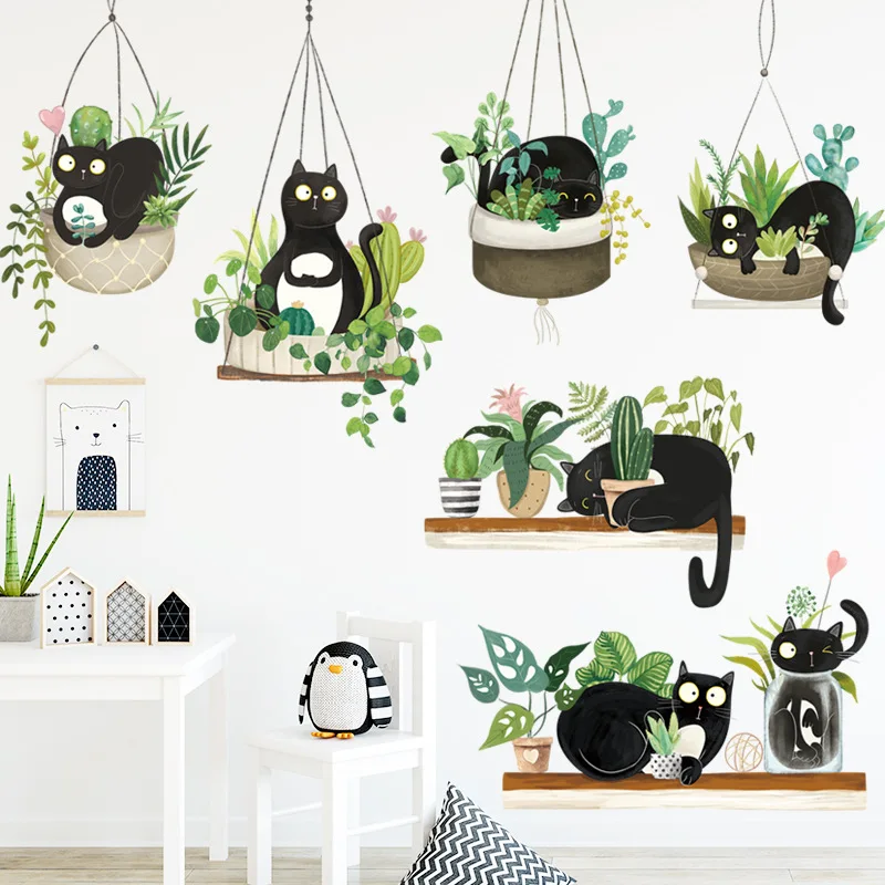 Background wall decor stickers cat hanging basket wall stickers for living room bedroom thumb200