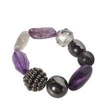 Vintage Purple and Gunmetal Tone Large Plastic Beaded Stretch Bracelet J... - $19.81