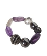 Vintage Purple and Gunmetal Tone Large Plastic Beaded Stretch Bracelet J... - $19.81