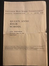 June 1940 Queen Anne High School Seattle Commencement Program - $9.90