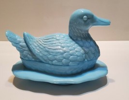 Vintage Blue Milk Glass Duck On Base Covered Dish Folded in Wings Solid ... - $83.84