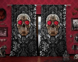 Goth Sugar Skull Curtains, Gothic Dia de los Muertos, Window Drapes, Sheer and B - £128.29 GBP