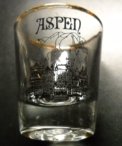 Aspen Colorado Shot Glass Clear Glass Black Town Against Mountain and Gold Rim - £5.49 GBP