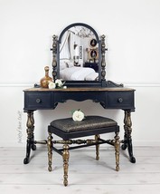 Antique Black Gold Ladies Makeup Vanity Dressing Table | 3 Drawers,  Mirror and  - £1,508.01 GBP