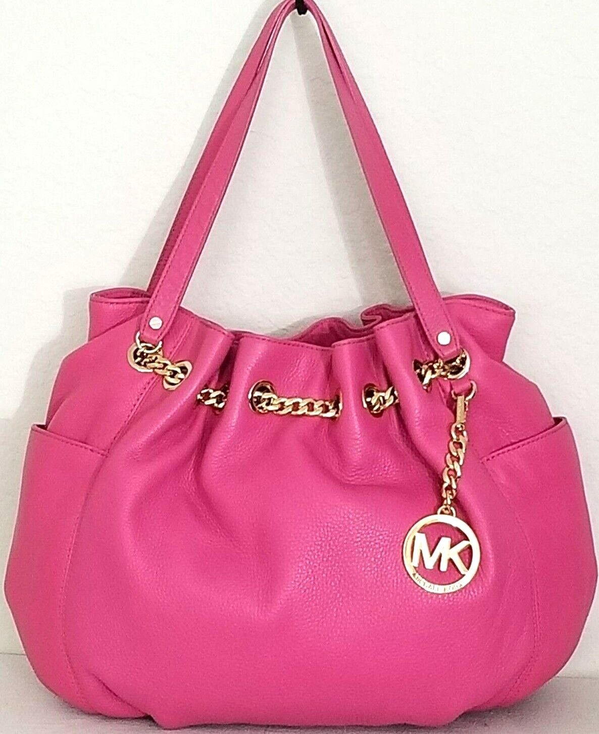 Primary image for MICHAEL KORS JET SET GOLD CHAIN LARGE ZINNIA PINK LEATHER RING TOTE BAGNWT