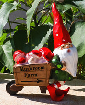 Whimsical Farmer Gnome Pulling Farm Mushrooms Wheelbarrow Fairy Garden F... - $23.99