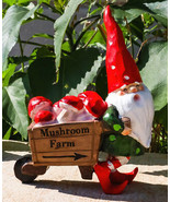 Whimsical Farmer Gnome Pulling Farm Mushrooms Wheelbarrow Fairy Garden F... - $442.76 MXN