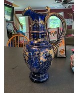 VTG 14&quot; Bohemian Czech Cobalt Blue Glass Ewer Pitcher Gold Gilt Hand Pai... - $203.23 CAD