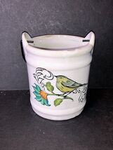 Vintage Art Pottery Bucket Planter White Glaze Bird Floral Design Metal ... - $16.00
