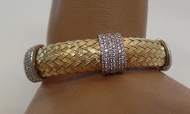 Daydema  Gold Weaved Stamped 9.25 Silver &amp; CZ Accents Cuff Bracelet Suited for 7 - £59.64 GBP