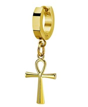 Dangling Egyptian Ankh Cross Gold Tone Stainless Steel Helix Huggie Hoop Earring - £8.24 GBP