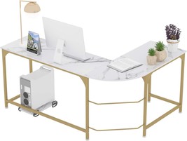 Teraves Reversible L-Shaped Desk Corner, Large, White Marbling+ Gold Frame - £133.91 GBP