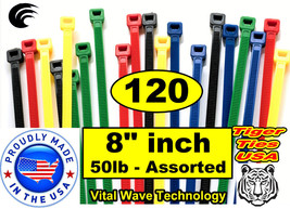 120 ASSORTED 8&quot; inch Wire Cable Ties Nylon Tie Wraps 50lb USA Made Tiger Ties - £12.14 GBP