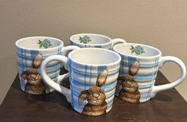 Coffee Mugs Set Of 4 Cups New Easter Bunny Blue White Plaid Pattern - £51.12 GBP