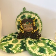 Native American Green Indian Doll face Crocheted Hanging Decor Mid Century MOD - £11.32 GBP
