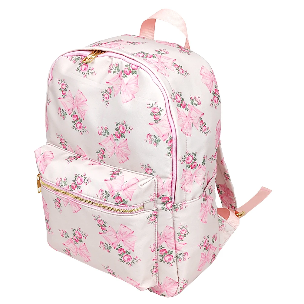 New Waterproof Nylon Backpack Backpack Large Capacity Pink Printed Bow Female Tr - £69.02 GBP