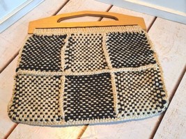 Vintage Handmade Woven Knitting Sewing Bag W/Wooden Handles Black/Tan Pa... - $19.56