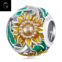 Genuine Sterling Silver 925 Sunflower Flower Round Bead Charm With CZ &amp; Enamel - £17.96 GBP