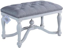Bench King Henry Antiqued White Tufted Gray Linen Serpentine Stretcher S... - £668.24 GBP