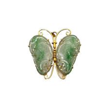Gorgeous Carved Jade Jadeite &amp; 14K Yellow Gold Butterfly Brooch Pin / Pendant - £395.06 GBP