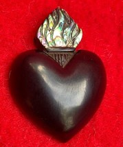 Carved Obsidian &amp; Abalone Flaming Heart Shamanic Power Pendant - £39.44 GBP