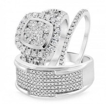 14K White Gold Over 3 CT. T.W. Diamond His Her Engagement Wedding Band Trio Set - £117.43 GBP