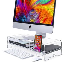 Acrylic Monitor Stand Riser, Wide 20&quot;, 2 Tier Computer With Storage, Desk Organi - £67.95 GBP