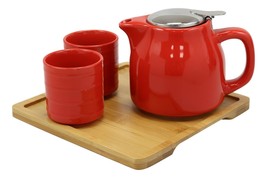Bright Red Contemporary Ceramic 20oz Tea Pot With 2 Cups And Bamboo Tray Set - £21.52 GBP