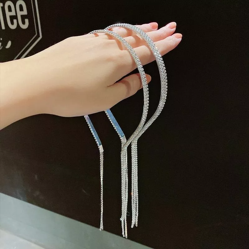 1pc Elegant Rhinestone Long Tassel Headband Solid Crystal Shiny Hair Acc... - $29.99