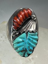 Navajo ring turquoise carved leaves coral size 14.25 Sterling Silver women men - £196.25 GBP