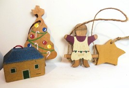 Vintage Hand Painted Wood Ornaments Collection of 4 Texas Tree Girl House Star - £14.81 GBP